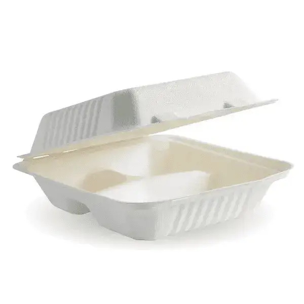 8.7x8 inch 3 Section White Plant Fiber Clamshell 01
